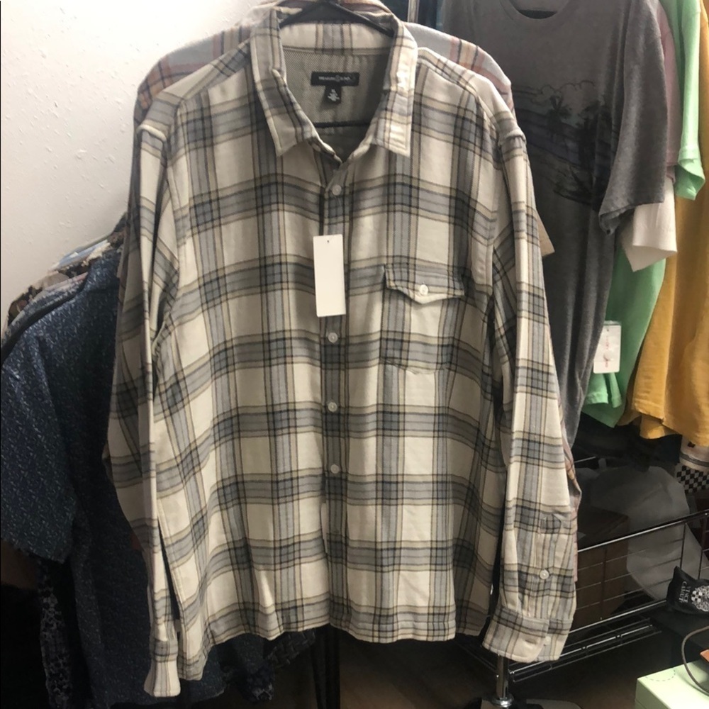 Treasure & Bond Cream and gray/blue Mens Plaid Button Down Shirt